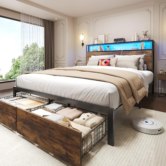 Lifezone Full Bed Frame with 2-Tier Storage Headboard Metal Bed Frame with Storage Drawers &amp Built-in Charging Station &amp LED Noise-Free No Box Spring Needed Easy Assembly Retro Brown