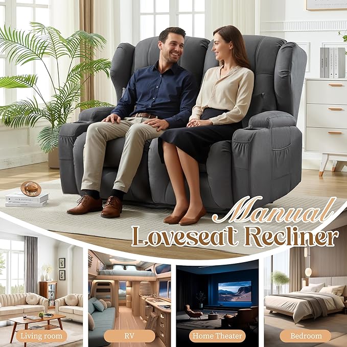 BINGTOO Manual Double Loveseat Recliner Sofa 2-Seater RV Wall Hugger Couch for Living Room &amp Home Theater with Cup Holders/Side Pockets/Lumbar Pillows Fabric Dark Gray