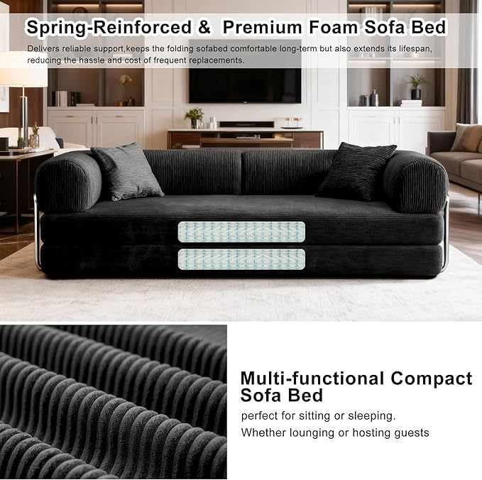 78 Inch Folding Convertible Sofa Bed 4-in-1 Oversized Cloud Corduroy Upholstered Boneless Couch Loveseat Sleeper with Pull Out Bed Modular Futon Floor Sofa Couch for Living Room Bedroom Lounge
