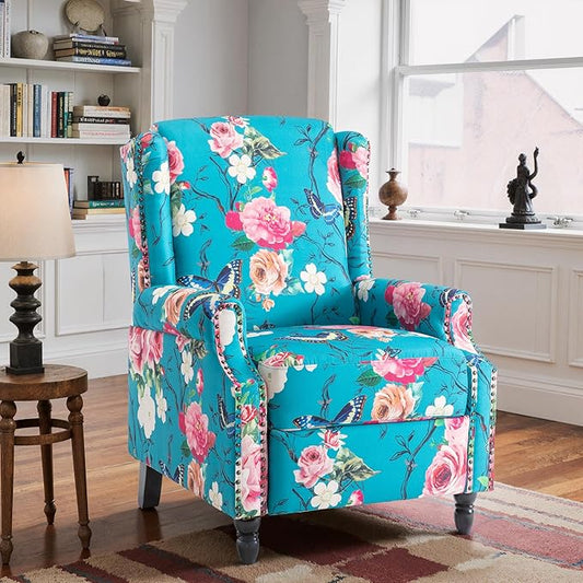Floral Pushback Recliner Chair Fabric Upholstered with Rivet Trim for Living Room Home Theater Accent Club Chair - Peacock Blue Rose