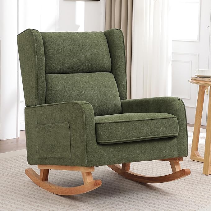 Nursery Rocking Chairs Rocking Chair Nursery for Mom Nursery Rocker with High Backrest and Solid Wood Legs Modern Wingback Accent Rocking Chair for Reading Living Room Bedroom Green