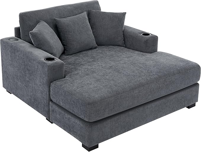 Oversized Chenille Fabric Chaise Lounge Chair Indoor 55 Oversized Chaise Lounger Modern Style Sofa Couch With Pillows Charge Station &amp Cup Holders For Living Room Office (Blue Gray 55)