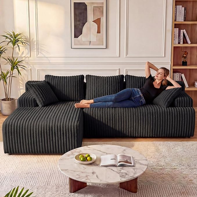 LAUSAINT HOME 96 Modular Sectional Sofa Couches L-Shaped Boneless Cloud Sofa with 3 Deep Seat 5 Cushiones Oversized Chaise for Living Room Bedroom Plush Corduroy Fabric (Left Black)