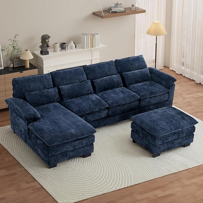 OUYESSIR 114 U Shape Sectional Cloud Couch with OttomanFluffy Sectional Couches for Living Room4 Seater Modular Sectionals SofaComfy Cloud Sofas &amp Couches with 4 PillowsNavy Blue