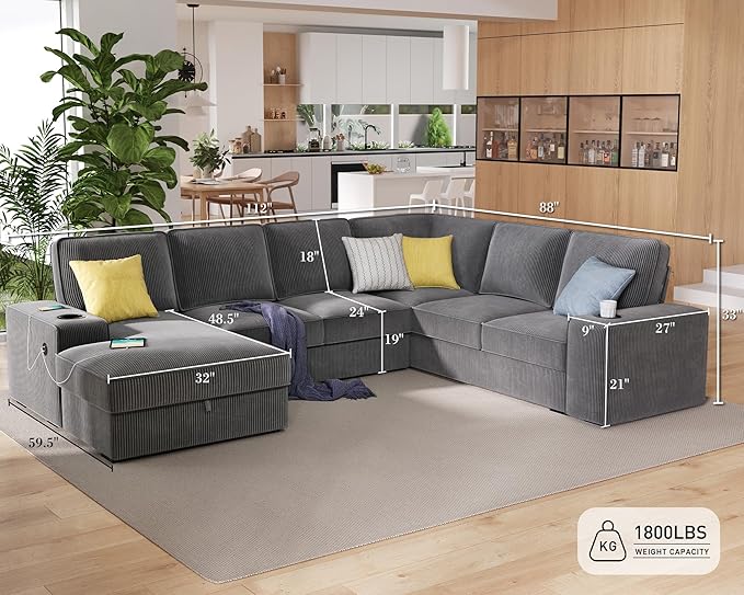 PaPaJet U Shaped Couch 112 Inch Oversized Couch with Storage Chaise Sectional Sofa with Cup Holders &amp 2 USB Ports Corduroy Grey Sofa