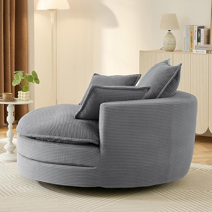 Merax 360° Swivel Sofa Chair 57.5 Swivel Accent Barrel Chair with Dual-Layer Cushion Design Modern Corduroy Leisure Sofa Round Chaise Lounge with 3 Removable Pillows for Living Room Bedroom
