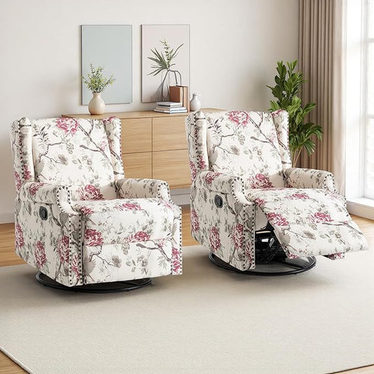 Swivel Rocker Recliner Chair Manual Nursery Glider Recliner Floral Fabric Wingback Accent Chair with Adjustable Backrest &amp Footrest for Small Spaces Living Room Bedroom (Plants Floral Set of 2)