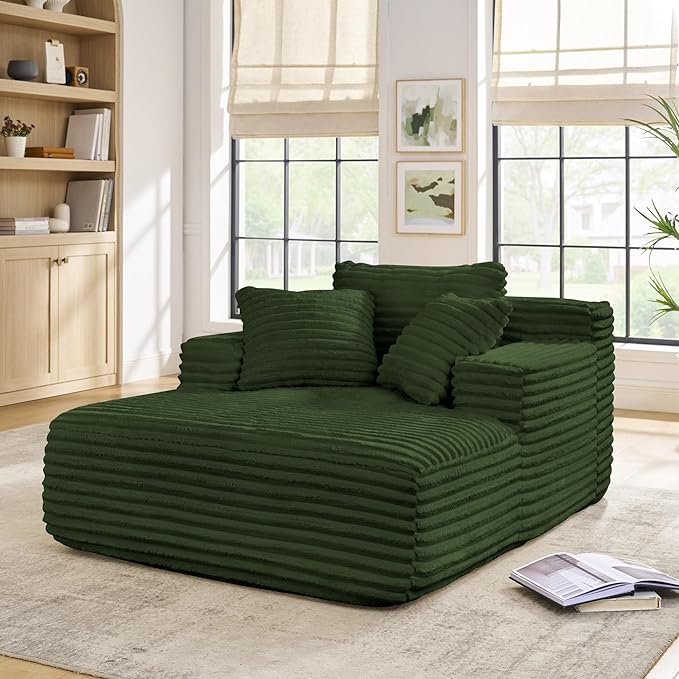 KEIKI 51 Oversized Corduroy Compressed Chaise Lounge with High-density Sponge Upholstered Modern Style 1-Seater Fluffy Cloud Couch Bed No Assembly Needed for Apartment Living Room Bedroom Green