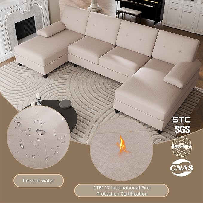 Walsunny Sectional Couches for Living Room Convertible U-Shaped Sofa Couch with Double Chaise 4 Seat Sofa Set Modular Sectional Sofa for Living Room Apartment Bedroom Dark Kahki
