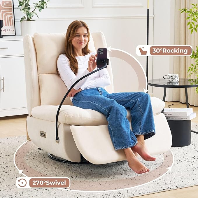 Oversized Power Recliner Chair for Adults270°Swivel Rocker Recliner with USB PortElectric Glider Recliner Chair with StorageOversized Armless Recliner with Phone HolderBeige