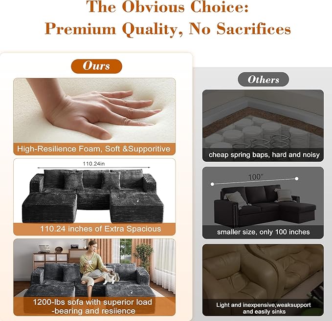 110 Corduroy Modular Sectional Boneless Sofa with 2 Ottomans Convertible Cloud Couch with Deep Seats Fluffy Memory Foam U Shaped Couch for Living Room No Assembly Required (Black)