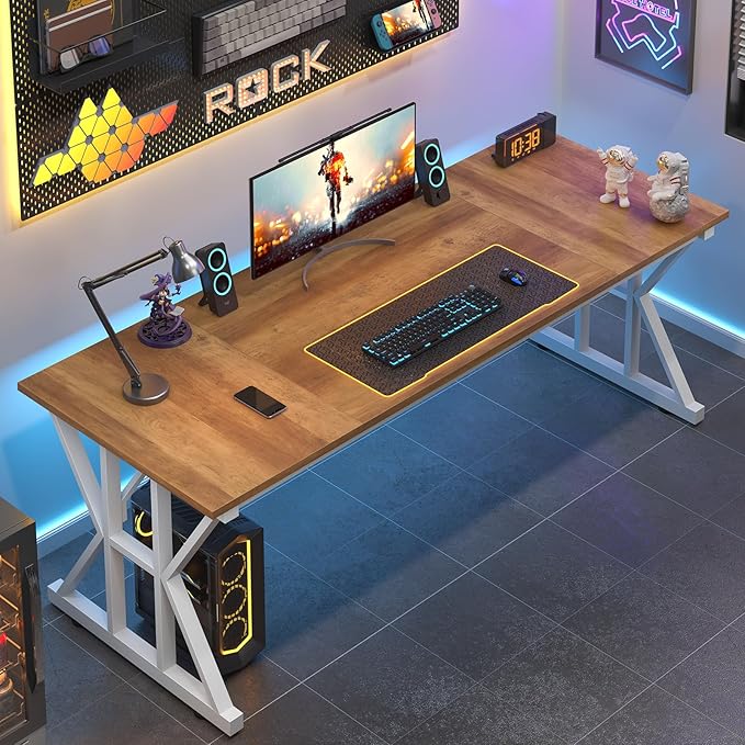 TVU Computer Desk 63 inch Large Office Desk Study Writing Table with Thicken Frame Gaming Desk Modern Simple Desk for Home Office Brown