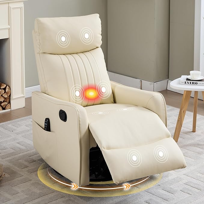 Manual Swivel Rocker Recliner Chair for Adults Overstuffed Glider Chair for Nursery with Massage and Heat Living Room Reclining Chair Faux Leather Light Yellow