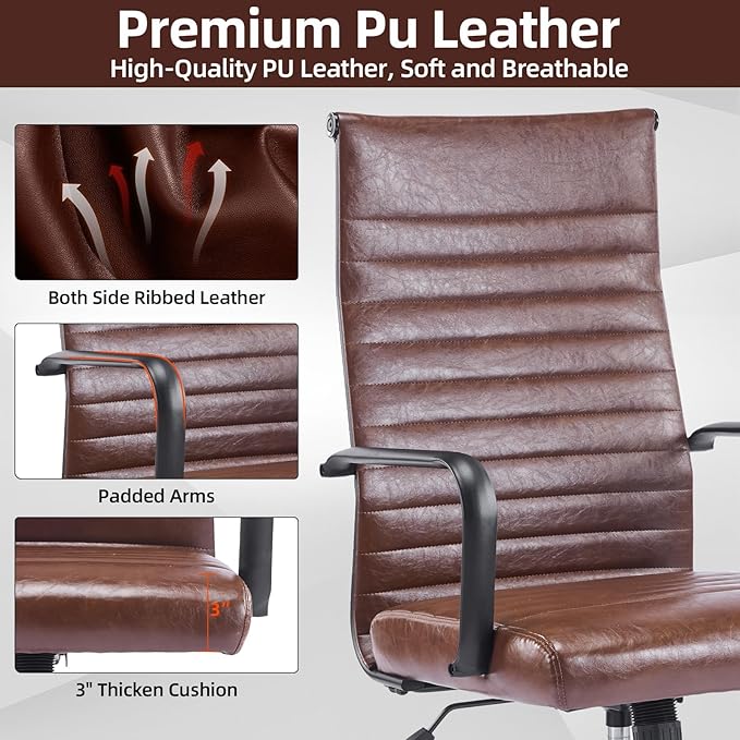 Office Chair Ergonomic Executive Conference Room Chairs Ribbed Leather Desk Chair with Lumbar Support Adjustable Height Mid-Back Swivel Chair with Padded Seat