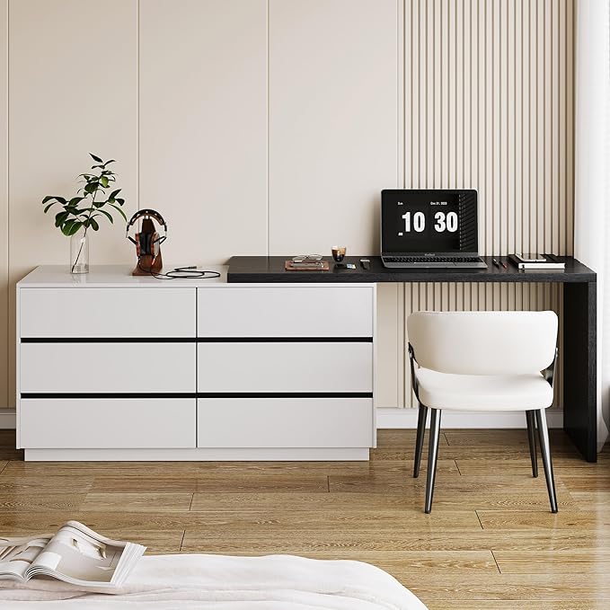 59 Adjustable L-Shaped Vanity Desk with 6 Storage Drawers Extendable Makeup Table for Bedroom Modern Dressing Table for Bedroom Apartment or Home Black and White