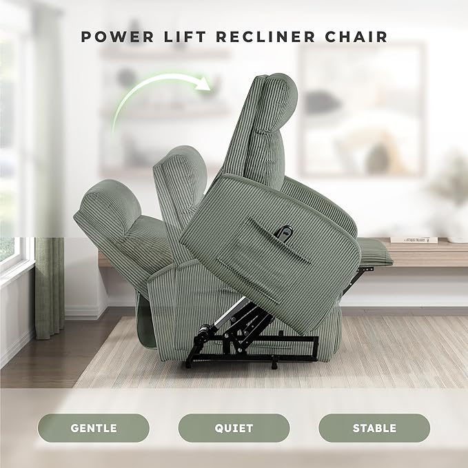 Lexicon Power Lift Recliner Chair for Elderly with Remote Control Gentle Lift Motion Side Pocket Armrest Corduroy Upholstered Electric Recliner for Living Room/Bedroom Easy Assembly Green