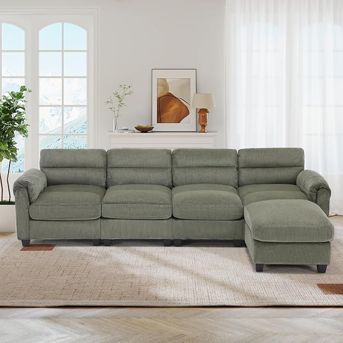 115” Modular Sectional L Shaped Sofa with Movable Ottoman Corduroy 5-Seater Couches with Thick Cushion for Living Room Green