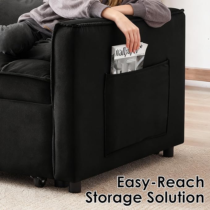 Dreamzie 3 in 1 Convertible Sleeper Sofa Bed Pull Out Couch Bed with Side Pocket Sleeper Sofa with Adjustable Backrest | Side Pocket (Black)