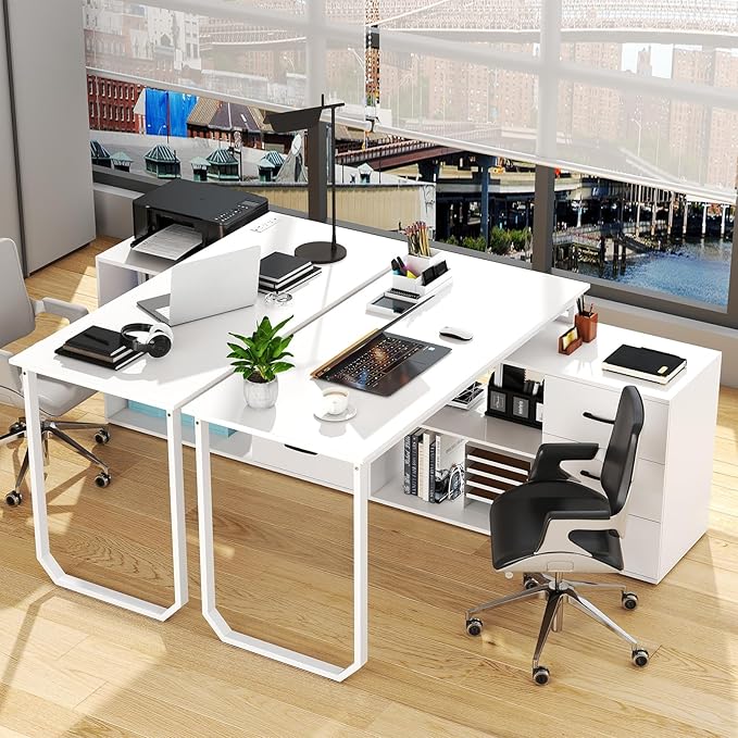 Giantex 55 Inch L-Shaped Desk with Charging Station Reversible Computer Desk with 3 Drawers Adjustable Shelf Large Computer Workstation Corner Desk for Small Spaces Home Office (White)
