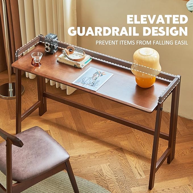 Solid Wood Folding Desk Mid Century Modern Table 47'' Foldable Writing Computer Desk for Home Office Simple Study Makeup Workstation Wooden Study Office Desk Table for Small Spaces Walnut Color
