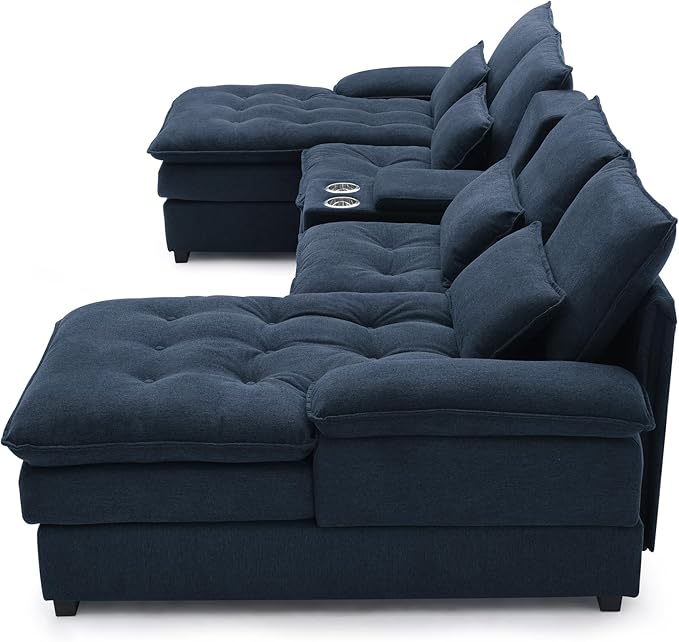 KEIKI 130 U-Shaped Sofa with Storage Console Cup Holders Upholstered 6 Seat Sectional Sofa Button Tufted Cloud Cushion Couch for Home Office Apartment Blue