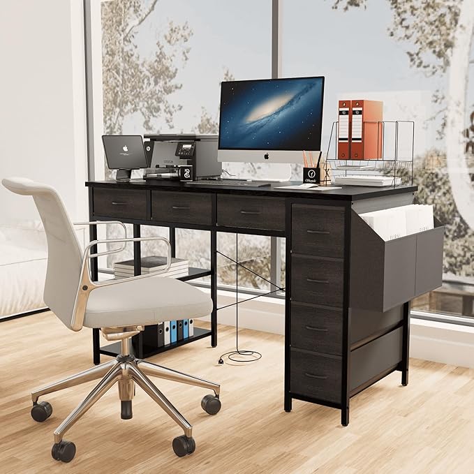Modern 47 Home Office Writing Desk with Power Outlet &amp Drawers Gaming Desk w/ 2 Monitor Stands &amp Side Pocket for Office Crowd &amp Gaming Crowd (White)