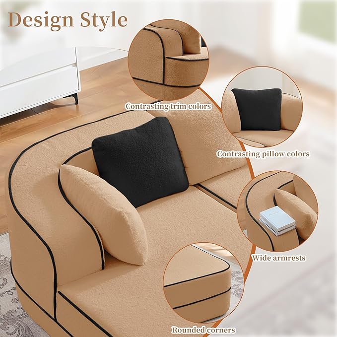 77.2 Contrast Color Boneless Sectional Sleeper Couch Teddy Fabric Foam Cloud Sleeper Sofa Bed Extra Deep Seat Wide Arm Modular Sectional Sofa with Chaise No Assembly Required