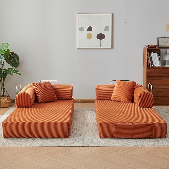 79 Convertible Sleeper Sofa Bed Modern Corduroy Floor Couch Bed with Fixed-Shape Frame Modular Sofa Couch with Pull Out Bed Boneless Loveseat Sleeper Couches for Living Room Orange