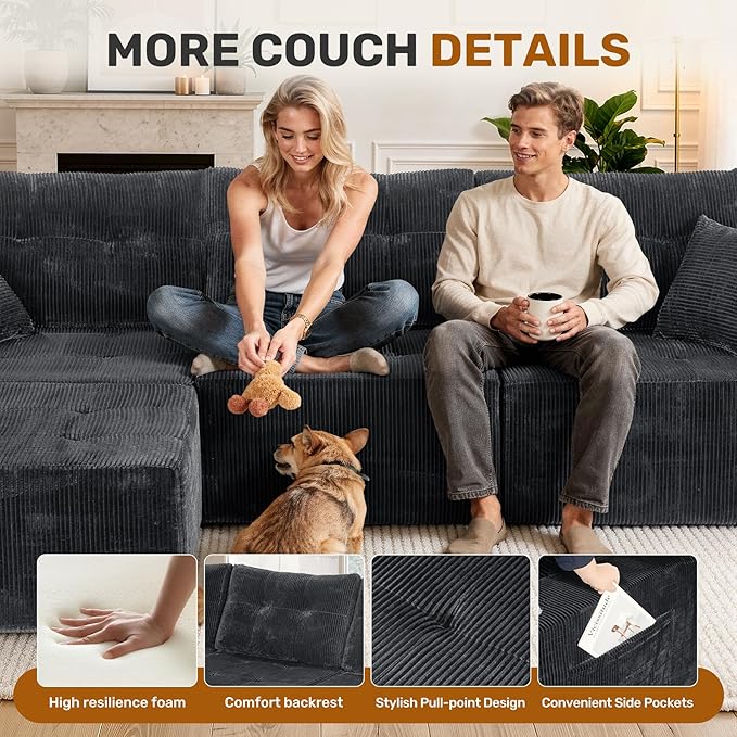 143 Modular Sectional Sofa for Living Room Convertible U-Shape Couch with Ottoman 6 Seater Modular Sectional SofaGary Corduroy