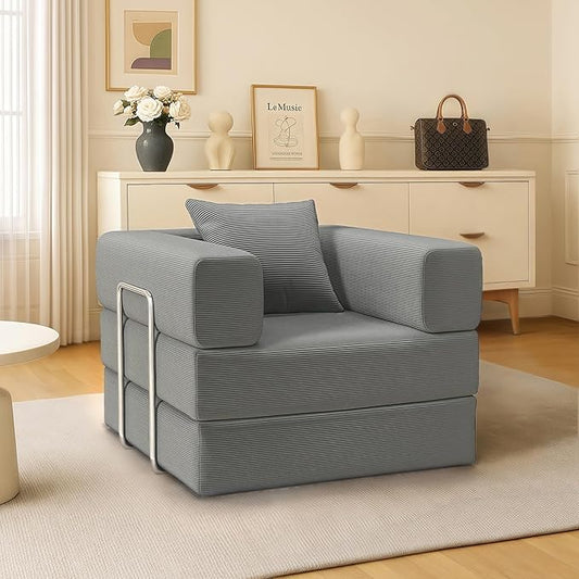 2-in-1 Floor Foldable Sofa Couch Convertible Sleeper Chaise Lounge Chair Indoor Portable Fold Out Futon Mattress with Back Support for Living RoomBedroom (Gray 35.43 Single Sofa)