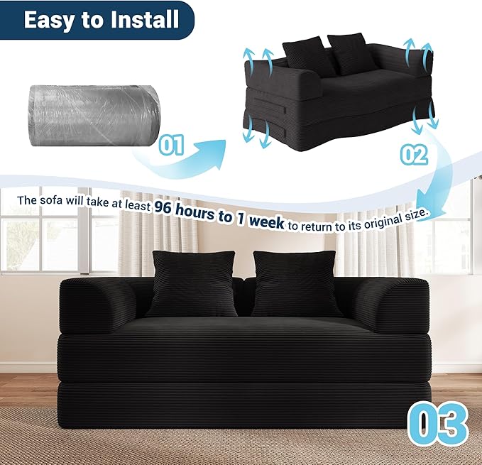 Cloud Boneless Convertible Sofa Bed 4-in-1 Foldable Compressed High-Density Sponge Sofa 70 Corduroy Fabric 3 Seater Sleeper Couch Futon Daybed for Living Room Bedroom (Black)