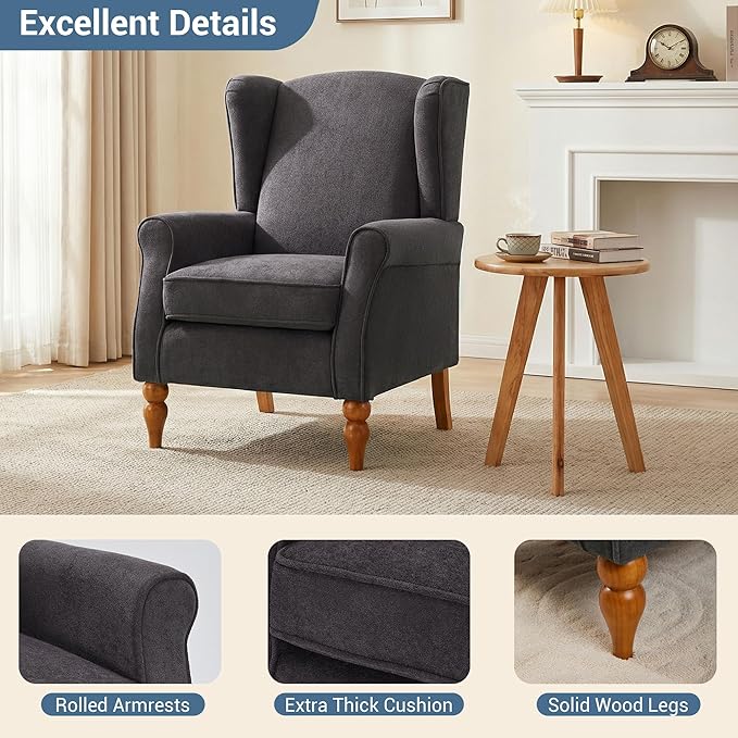 High Back Wingback Accent Chair Modern Upholstered Armchair Comfy Reading Chair with Solid Wood Legs for Living Room Bedroom Library Dark Grey