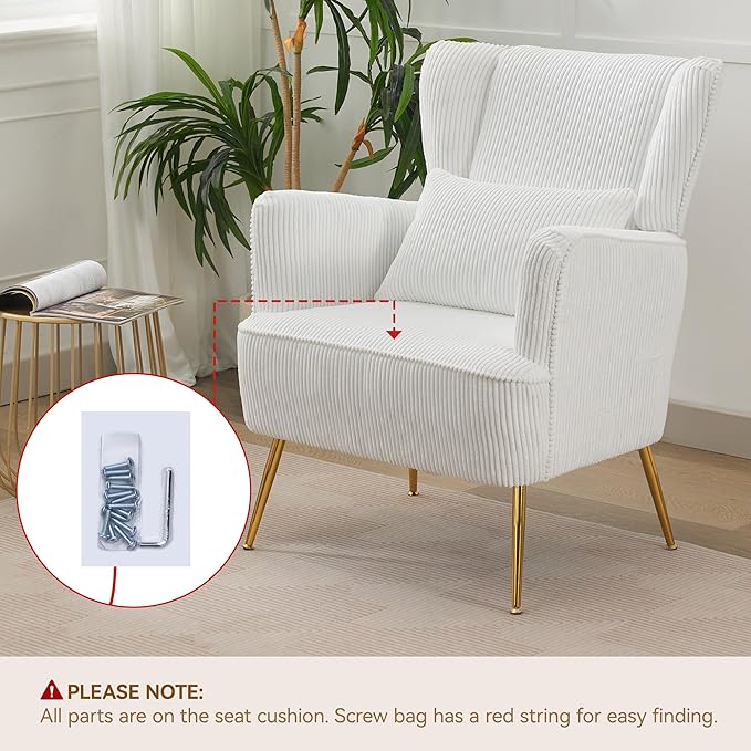 Living Room Chairs Corduroy Accent Armchair with Lumbar Pillow &amp Gold Leg 8.5 Thick Cushion Mid Century Modern High Wingback Bedroom Chairs Upholstered Comfy Sofa Arm Chair White