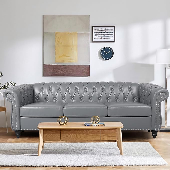 2 Piece Living Room Sofa Set 3 Seater Faux Leather Sofa Couch and Chair Set Mid Century Modern Upholstered Couch with Cushions Vintage Comfy Tufted Chesterfield Couches for Bedroom Office (Grey)