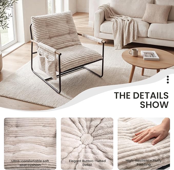 Comfy Accent Chair Modern Living Room Chair Cozy Lounge Chairs Oversized Armchair With Wood Armrests Sturdy Metal Frame Upholstered Reading Chair Soft Cushion sofa Chairs For Bedroom Balcony Porch