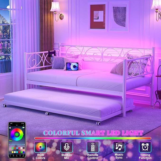 Unikito Daybed with Trundle Bed Twin Bed Frame with Charging Station and LED Lights Metal Sofa Day Bed with Pop Up Trundle and Steel Slat Support for Living Room Bedroom and Guest Room White