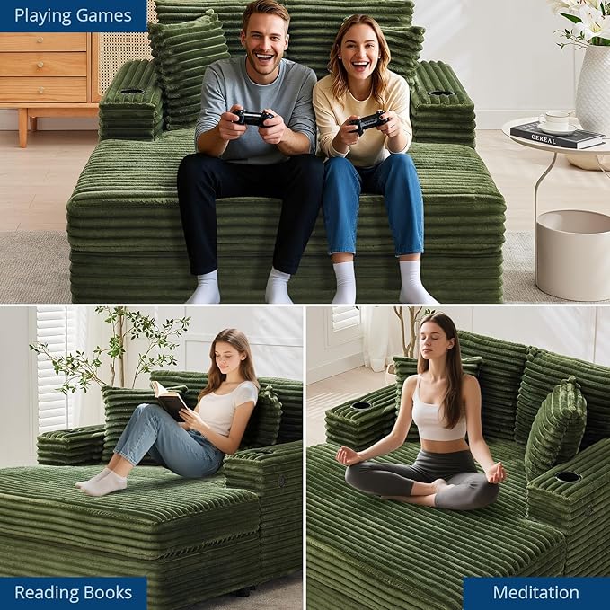IDEALHOUSE 60 Oversized Chaise Lounge Chair Indoor Comfy Corduroy Lounge Sofa with Charging Station Upholstered Sofa Bed for Living Room Movie Room with Storage Pockets &amp 2 Cup Holders (Green)