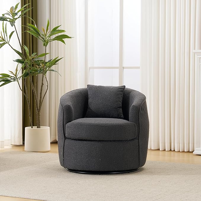 Swivel Accent Chair Modern Upholstered Boucle Barrel Arm Chairs with Pillow for Living Room 360 Degree Round Swivel Sherpa Armchair with Round Base for Bedroom Club (1 Dark Grey)