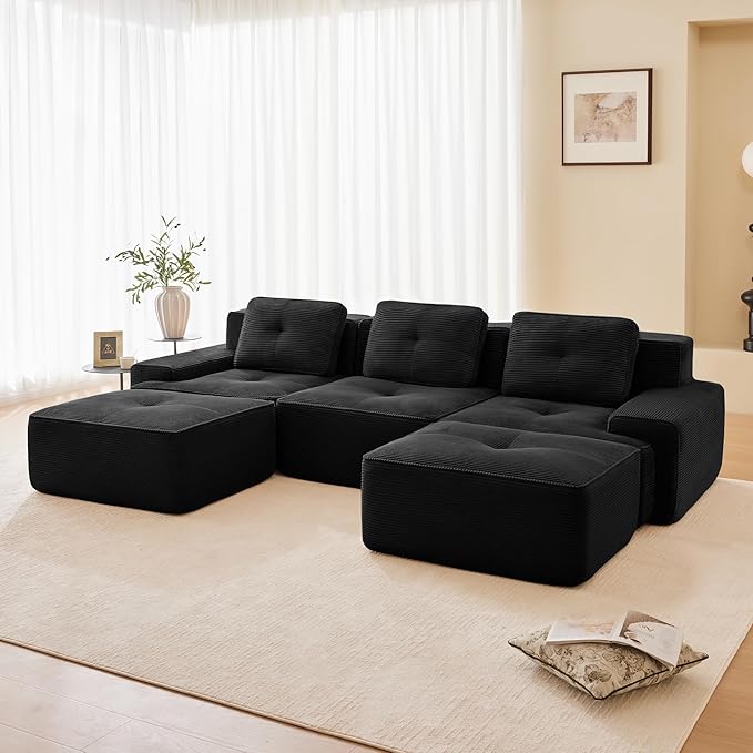 Boneless Couch Modular Sectional Sofa 117 Modern Cloud Couch with Deep Seat Comfy Corduroy U Shaped Sectional Couches for Living Room 3 Seater Tufted Floor Sofa with Movable Ottoman Black