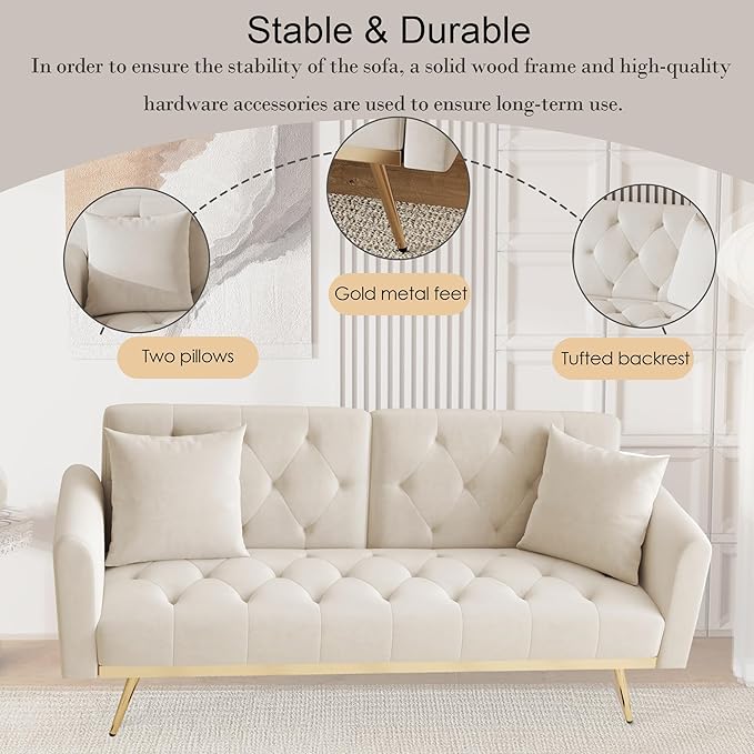 Modern Velvet 2 in 1 Futon Sofa BedConvertible Folding Sleeper Bed Couches with 2 Pillows73 Tufted Recliner Love Seat with Golden Chrome Legs for Living Room Apartment Office (Beige-New)