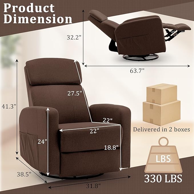 Power Swivel Recliner Chairs for Adults Electric Glider Rocking Chair Nursery Glider Recliner Nursery Chair with Classified Side Pocket Nursery Rocking Chairs with USB and Type-C Ports