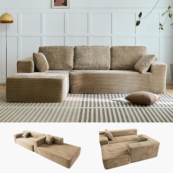 104 L-Shaped Cloud Sectional Sofa with Oversized Chaise Modular 3-Seater Corduroy Couch for Living Room &amp Bedroom Deep Seat No Assembly Required (Camel L Shape with Left FacingChaise)