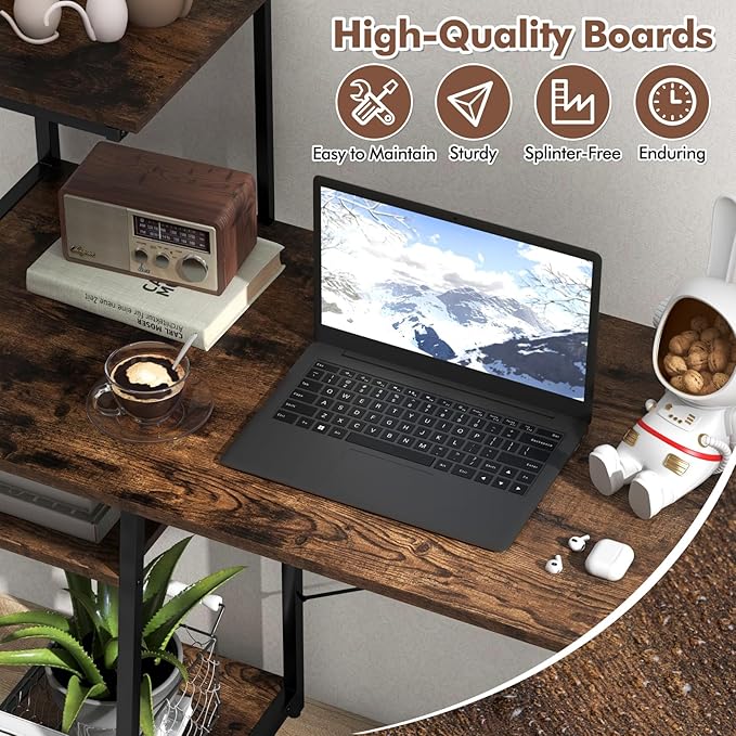 POWERSTONE 40 Computer Desk with 4-Tier Storage Shelves Home Office Corner Desk Writing Study Workstation Table for Small Space Brown