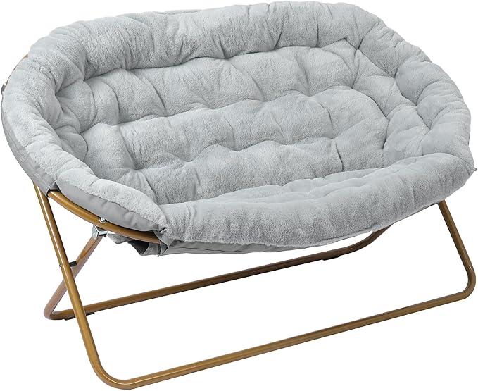BizChair 56 Portable Folding Double Saucer Chair in Gray Faux Fur with a Soft Gold Steel Frame for Dorm Living Room or Bedroom