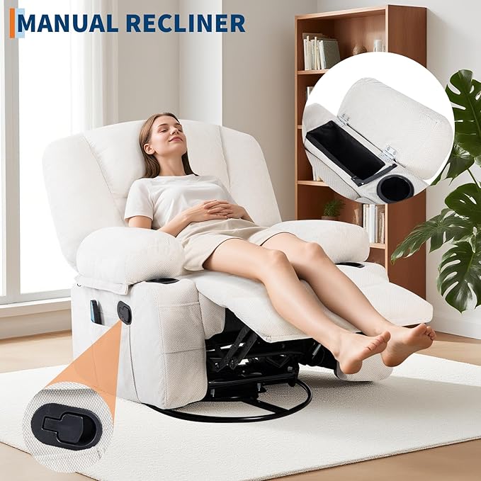 Oversized Wide Recliner Chair-Heat and Vibration Massage 360° Swivel Rocker Chair for AdultsChenille Fabric Manual Recliner with Cup Holders &amp Side Pocket for Living Room BedroomWhite
