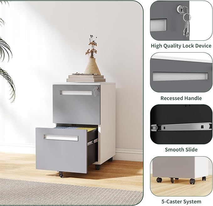 2-Drawer Mobile File Cabinet with Lock All-Steel Metal Storage Cabinet on 360° Wheels for Home Office &amp Commercial Use Holds A4/Letter/Legal FilesWhite
