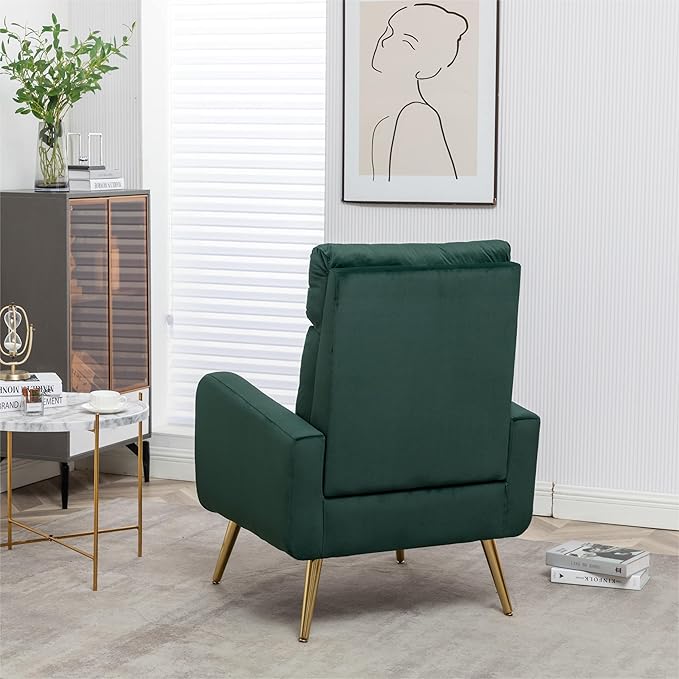Velvet Accent Chair Modern Living Room Armchair Bedroom Dorm Reading Reception Room Comfort Upholstered Sofa Chair Gold Metal Legs Dark Green