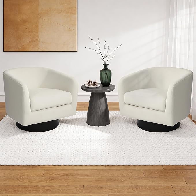 Swivel Barrel Accent Chair Modern Round Chenille Fabric Arm Chair for Living Room Bedroom Comfy Club Reading Chairs for Adults（Velvet Ivory Set of 1