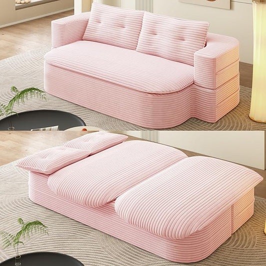 78.7 Full Size Boneless Couch Bed Plush Corduroy Memory Foam Floor Sofa with Multi Functional Blanket 2 in 1Convertible Sleeper Sofa Bed for Living Room Offices Apartment No Assembly (Pink)
