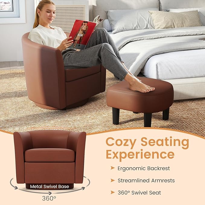 GOFLAME Swivel Barrel Chair with Ottoman Modern Faux Leather Accent Chair with Footrest Curved Backrest Removable Seat Cushion Upholstered Club Tub Sofa Chair for Bedroom Living Room Brown